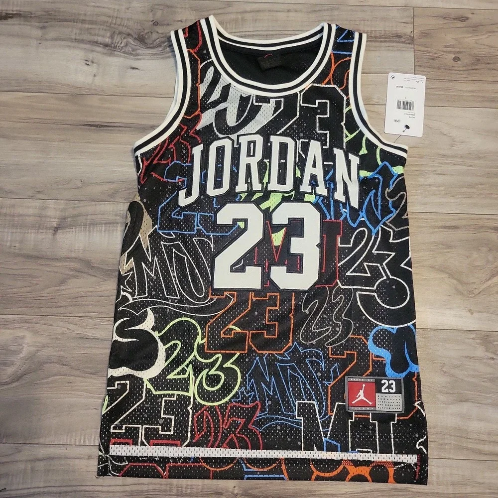 Michael Jordan #23 Jersey Boys Small Stitched‎ Black AOP Graphic Logo NEW
